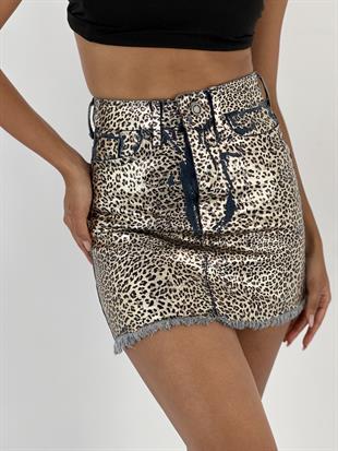 Kadın Önü Leopar Desenli Denim Mavi Kot Etek