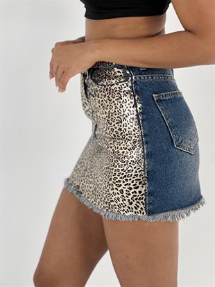 Kadın Önü Leopar Desenli Denim Mavi Kot Etek