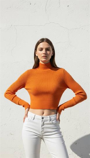 Kadın Oranj Balıkçı Yaka Fitilli Crop Triko Kazak