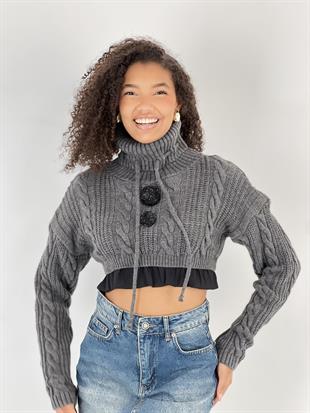 Kadın Örgü Desenli Antrasit Balıkçı Yaka Triko Kazak