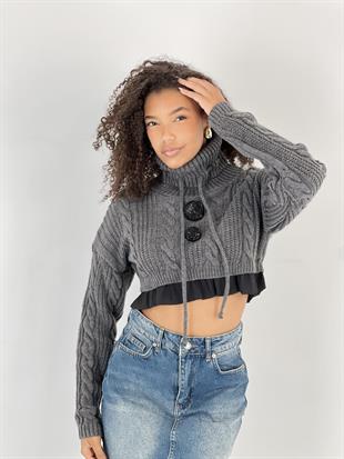 Kadın Örgü Desenli Antrasit Balıkçı Yaka Triko Kazak