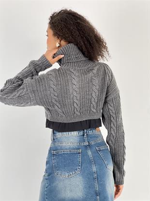 Kadın Örgü Desenli Antrasit Balıkçı Yaka Triko Kazak