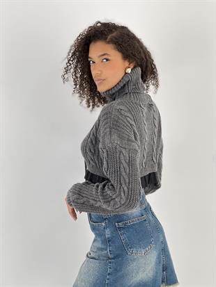 Kadın Örgü Desenli Antrasit Balıkçı Yaka Triko Kazak
