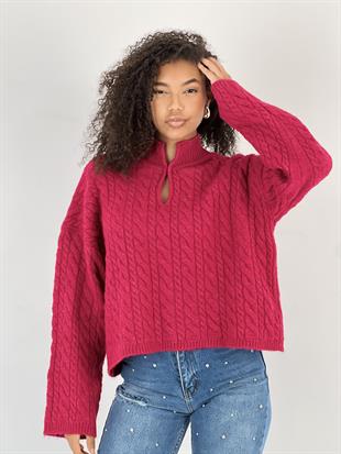 Kadın Örgü Desenli Fuşya Triko Kazak