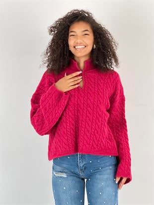 Kadın Örgü Desenli Fuşya Triko Kazak