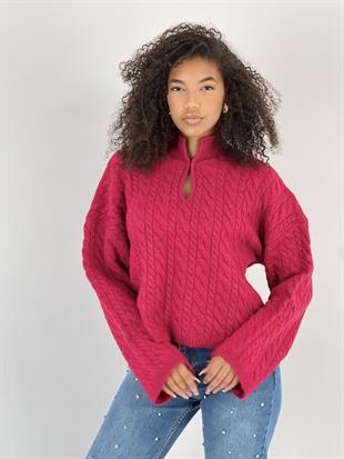 Kadın Örgü Desenli Fuşya Triko Kazak