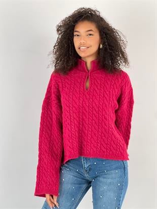 Kadın Örgü Desenli Fuşya Triko Kazak