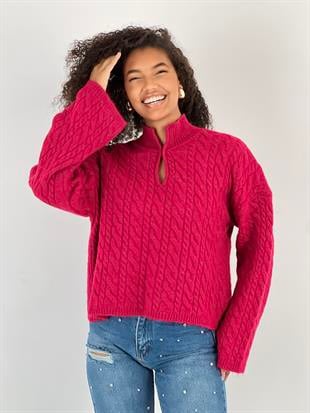 Kadın Örgü Desenli Fuşya Triko Kazak