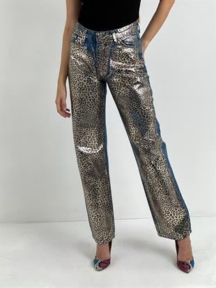 Kadın Leopar Varak Baskılı Wide Leg Jean - Orta Mavi