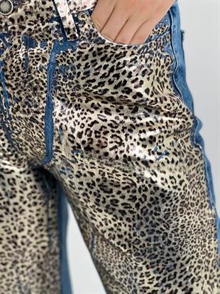 Kadın Leopar Varak Baskılı Wide Leg Jean - Orta Mavi