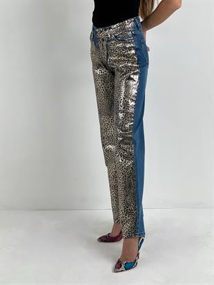 Kadın Leopar Varak Baskılı Wide Leg Jean - Orta Mavi