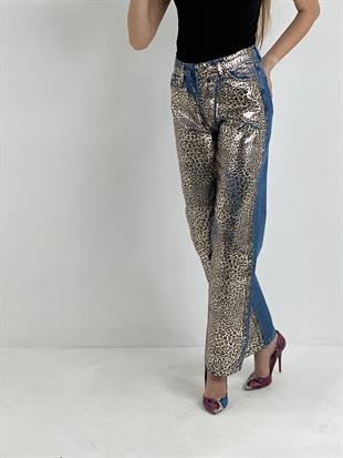 Kadın Leopar Varak Baskılı Wide Leg Jean - Orta Mavi