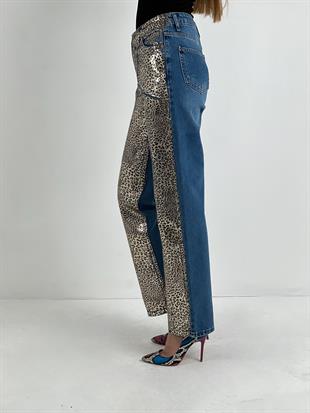 Kadın Leopar Varak Baskılı Wide Leg Jean - Orta Mavi