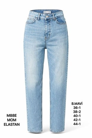 Kadın Orta Mavi Taş Detaylı Mom Jean Pantolon