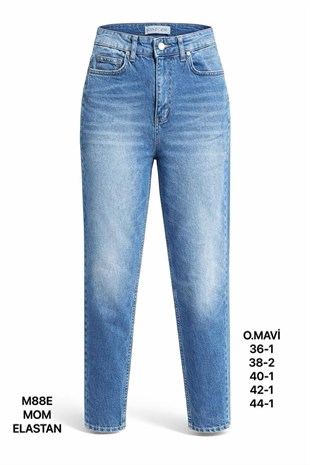 Kadın Orta Mavi Taş Detaylı Mom Jean Pantolon