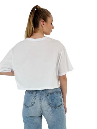 Kadın Oversize Basic Kısa Kollu Beyaz Crop Tişört