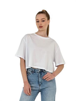 Kadın Oversize Basic Kısa Kollu Beyaz Crop Tişört
