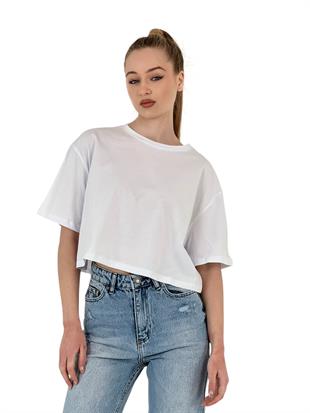 Kadın Oversize Basic Kısa Kollu Beyaz Crop Tişört