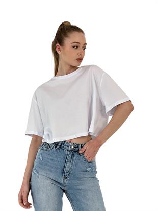 Kadın Oversize Basic Kısa Kollu Beyaz Crop Tişört