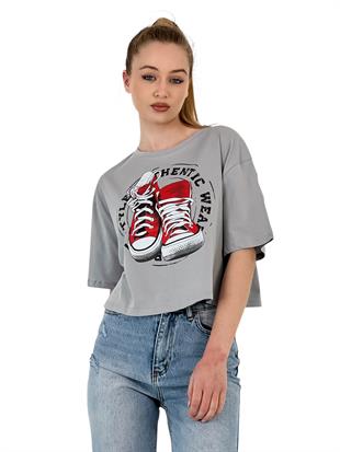 Kadın Oversize Baskılı Kısa Kol Beyaz Crop Tişört