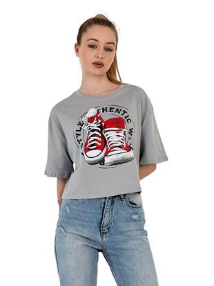 Kadın Oversize Baskılı Kısa Kol Beyaz Crop Tişört