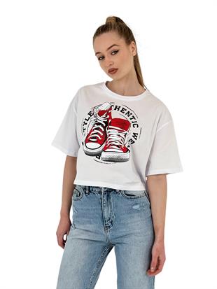 Kadın Oversize Baskılı Kısa Kol Beyaz Crop Tişört