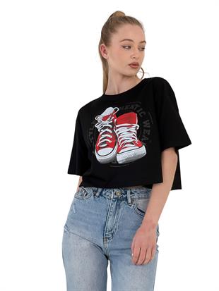 Kadın Oversize Baskılı Kısa Kol Beyaz Crop Tişört