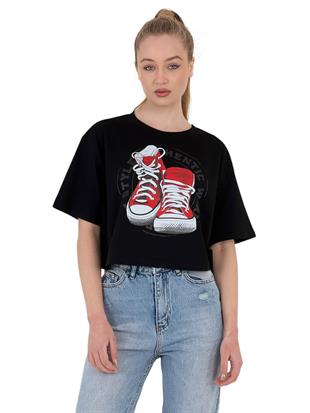 Kadın Oversize Baskılı Kısa Kol Beyaz Crop Tişört