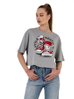 Kadın Oversize Baskılı Kısa Kol Beyaz Crop Tişört