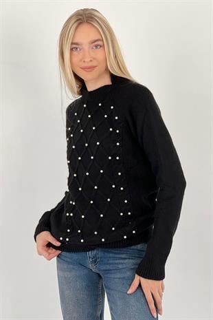 Kadın Oversize Bisiklet Yaka Inci Detaylı Uzun Siyah Triko Kazak