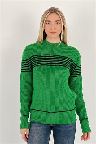 Kadın Oversize Bisiklet Yaka Kışlık Uzun Yeşil  Triko Kazak