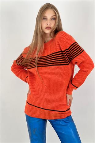 Kadın Oversize Bisiklet Yaka Kışlık Uzun Turuncu Triko Kazak
