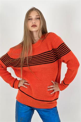 Kadın Oversize Bisiklet Yaka Kışlık Uzun Turuncu Triko Kazak