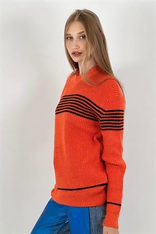 Kadın Oversize Bisiklet Yaka Kışlık Uzun Turuncu Triko Kazak