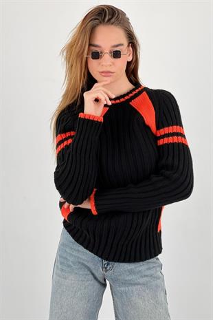 Kadın Oversize Bisiklet Yaka Şeritli Uzun Kışlık Siyah Triko Kazak