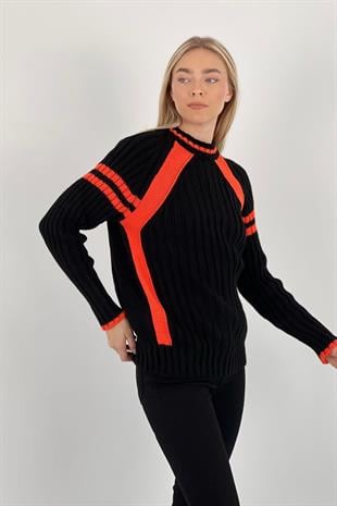 Kadın Oversize Bisiklet Yaka Şeritli Uzun Kışlık Turuncu Triko Kazak