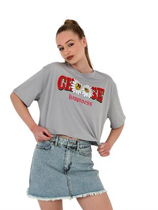 Kadın Oversize Çiçek Baskılı Kısa Gri Crop Tişört
