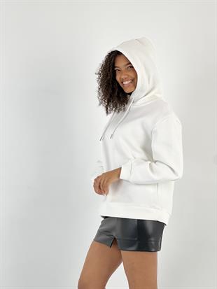 Kadın Oversize Kalın Ekru Kapüşonlu Sweatshirt