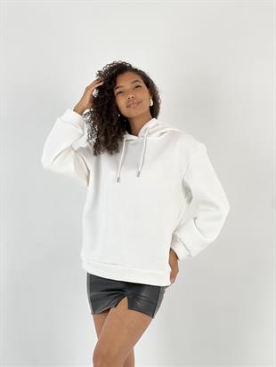Kadın Oversize Kalın Ekru Kapüşonlu Sweatshirt