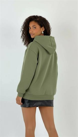 Kadın Oversize Kalın Haki Kapüşonlu Sweatshirt