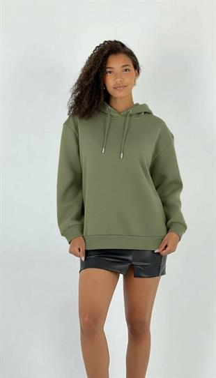 Kadın Oversize Kalın Haki Kapüşonlu Sweatshirt