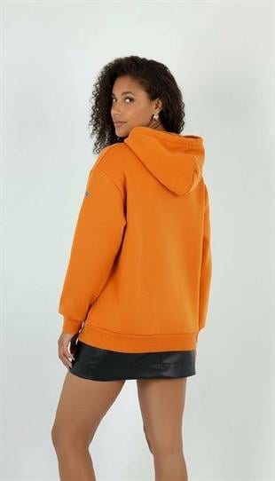 Kadın Oversize Kalın Oranj Kapüşonlu Sweatshirt