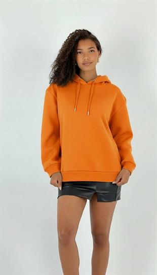 Kadın Oversize Kalın Oranj Kapüşonlu Sweatshirt