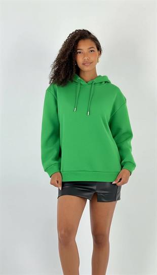 Kadın Oversize Kalın Yeşil Kapüşonlu Sweatshirt