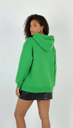 Kadın Oversize Kalın Yeşil Kapüşonlu Sweatshirt