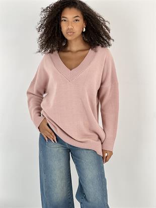 Kadın Oversize Pudra V Yaka Triko Kazak