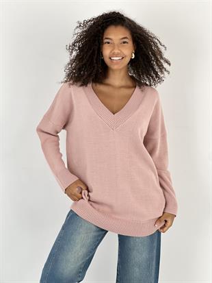 Kadın Oversize Pudra V Yaka Triko Kazak