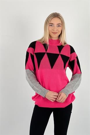 Kadın Oversize Uzun Kollu Kışlık Bol Fuşya Triko Kazak
