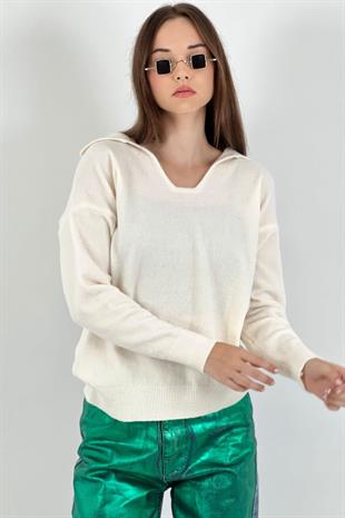 Kadın Oversize V Yaka Uzun Kışlık Ekru Triko Kazak