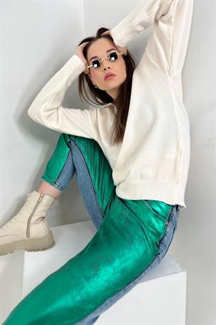 Kadın Oversize V Yaka Uzun Kışlık Ekru Triko Kazak